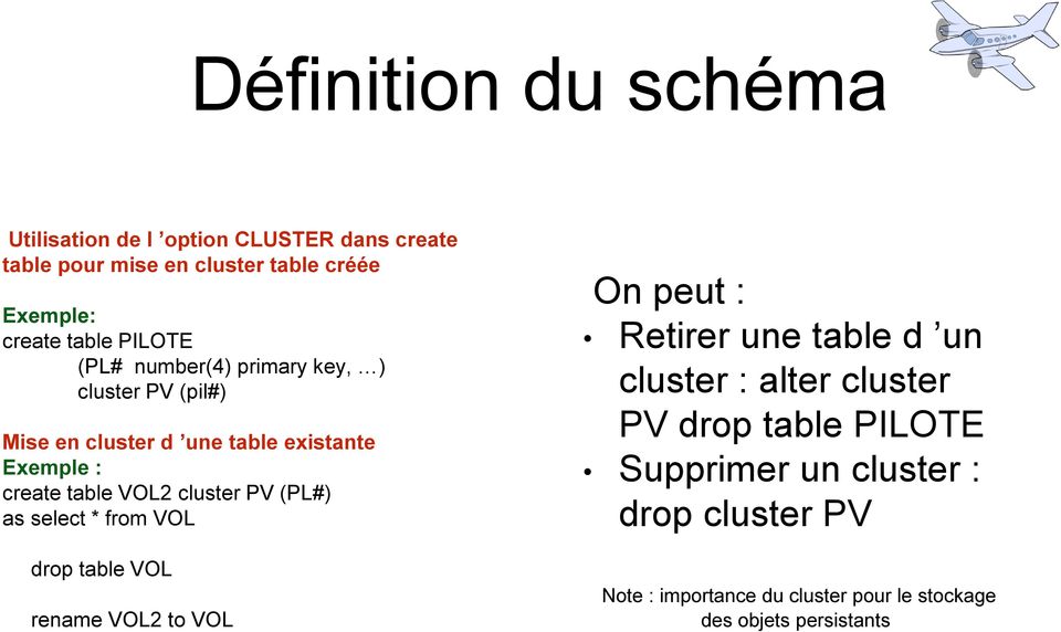 cluster PV (PL#) as select * from VOL drop table VOL rename VOL2 to VOL On peut : Retirer une table d un cluster : alter