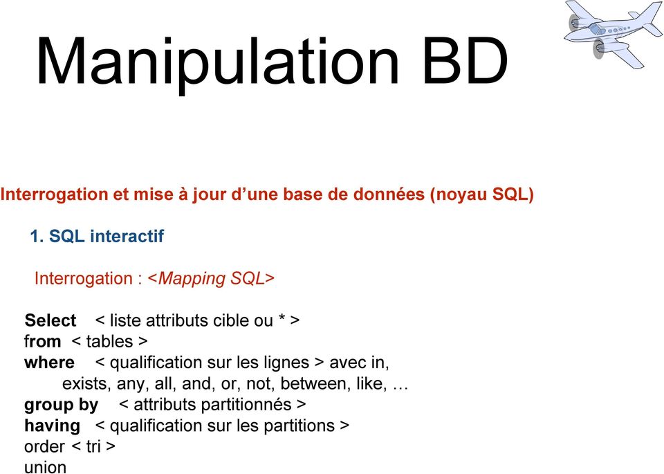 tables > where < qualification sur les lignes > avec in, exists, any, all, and, or, not,