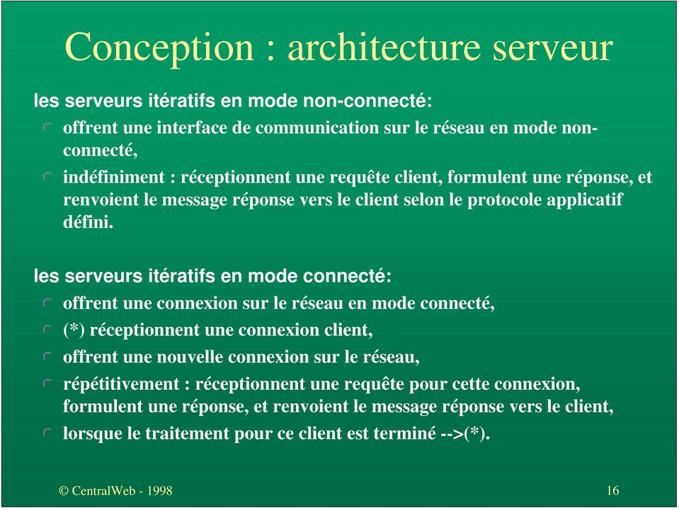 les serveurs itératifs en mode connecté: l offrent une connexion sur le réseau en mode connecté, l (*) réceptionnent une connexion client, l offrent une nouvelle connexion sur le