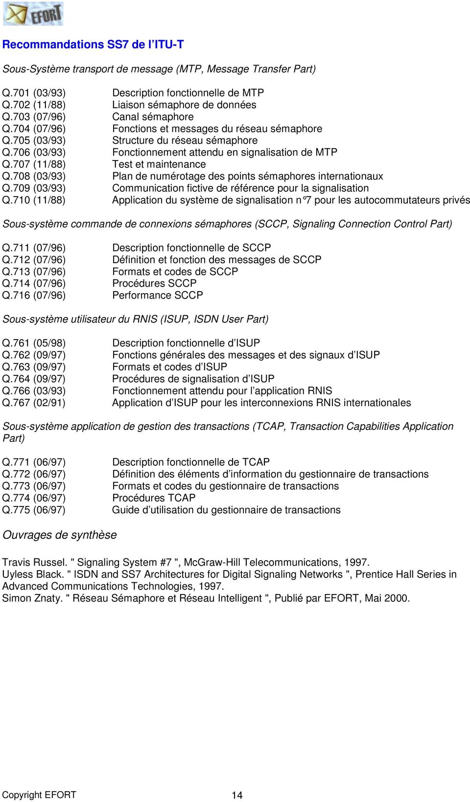 707 (11/88) Test et maintenance Q.708 (03/93) Plan de numérotage des points sémaphores internationaux Q.709 (03/93) Communication fictive de référence pour la signalisation Q.
