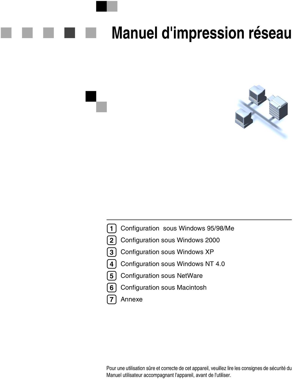 0 Configuration sous NetWare Configuration sous Macintosh Annexe Pour une utilisation sûre et