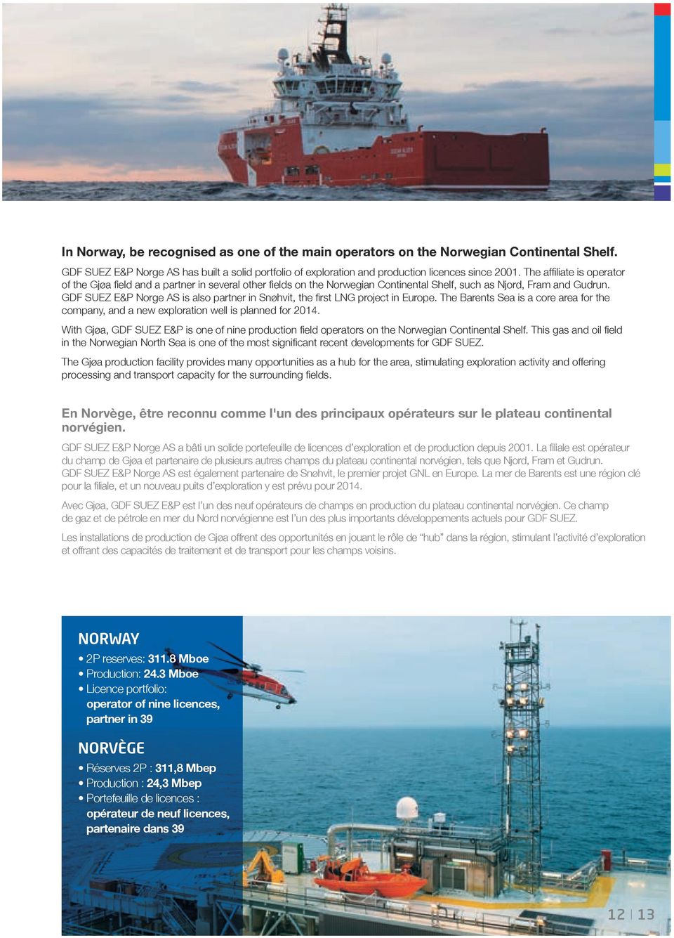GDF SUEZ E&P Norge AS is also partner in Snøhvit, the first LNG project in Europe. The Barents Sea is a core area for the company, and a new exploration well is planned for 2014.