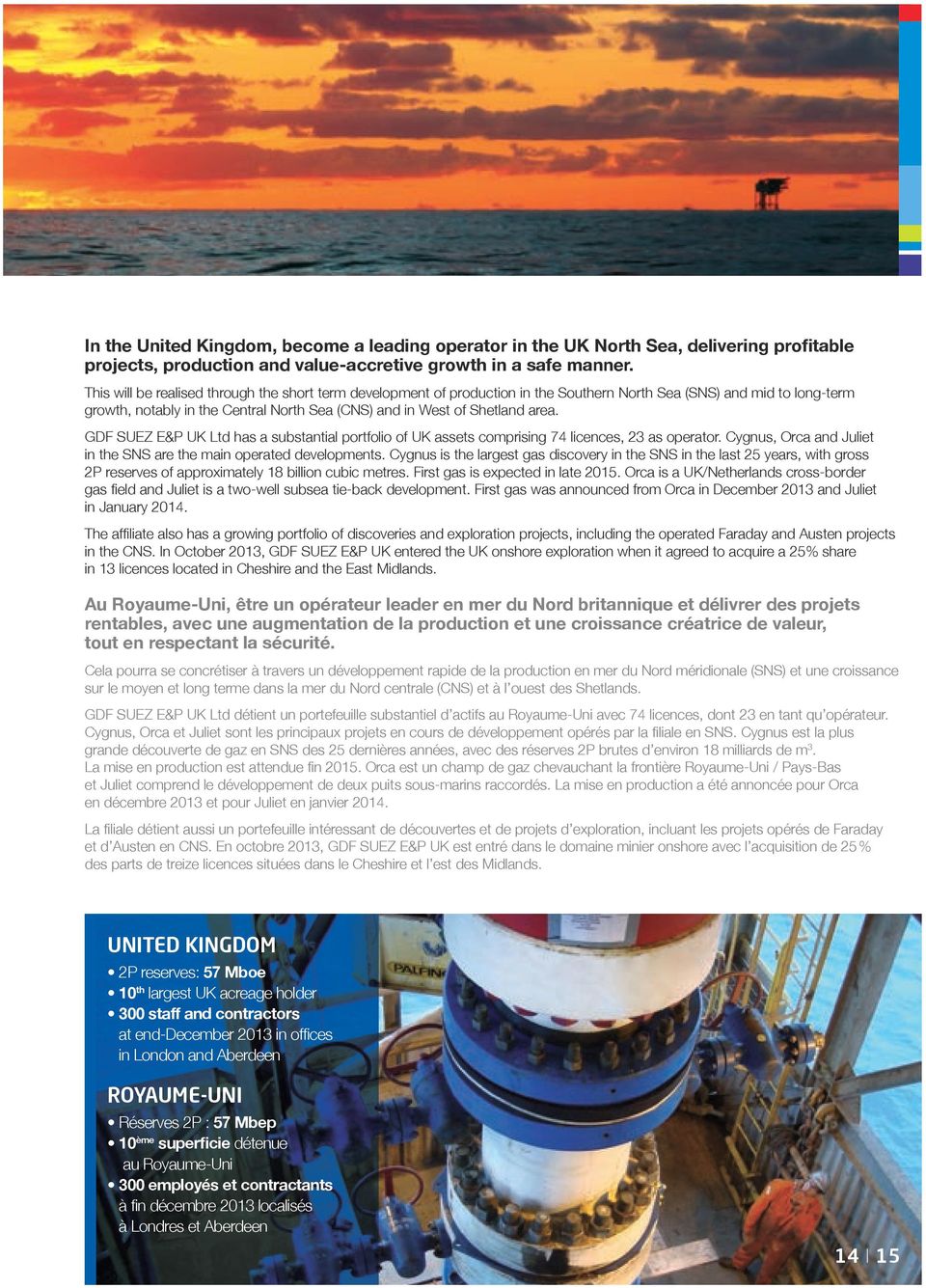 GDF SUEZ E&P UK Ltd has a substantial portfolio of UK assets comprising 74 licences, 23 as operator. Cygnus, Orca and Juliet in the SNS are the main operated developments.