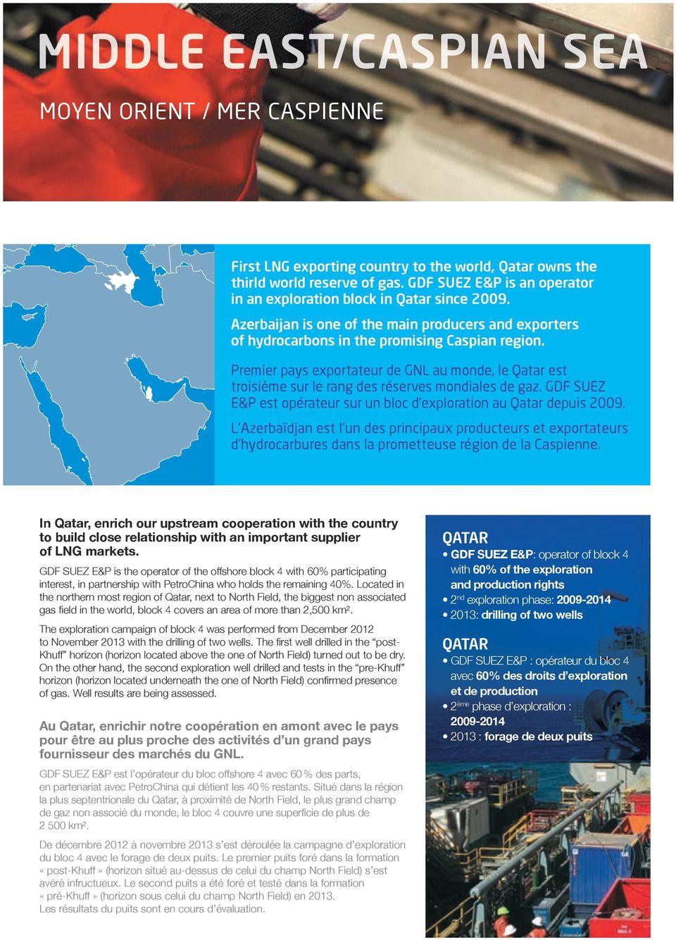 Premier pays exportateur de GNL au monde, le Qatar est troisième sur le rang des réserves mondiales de gaz. GDF SUEZ E&P est opérateur sur un bloc d exploration au Qatar depuis 2009.