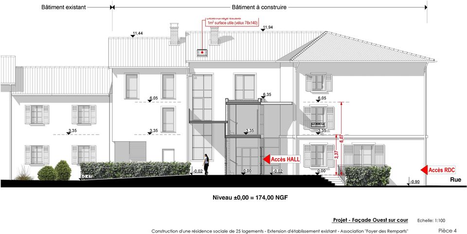 Projet - Façade Ouest sur cour Construction d'une résidence sociale de 25 logements -