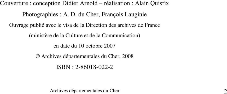 du Cher, François Lauginie Ouvrage publié avec le visa de la Direction des archives de