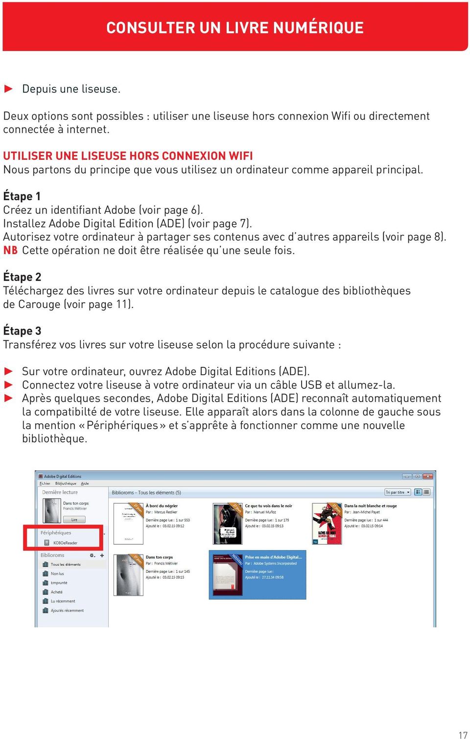 Installez Adobe Digital Edition (ADE) (voir page 7). Autorisez votre ordinateur à partager ses contenus avec d autres appareils (voir page 8).