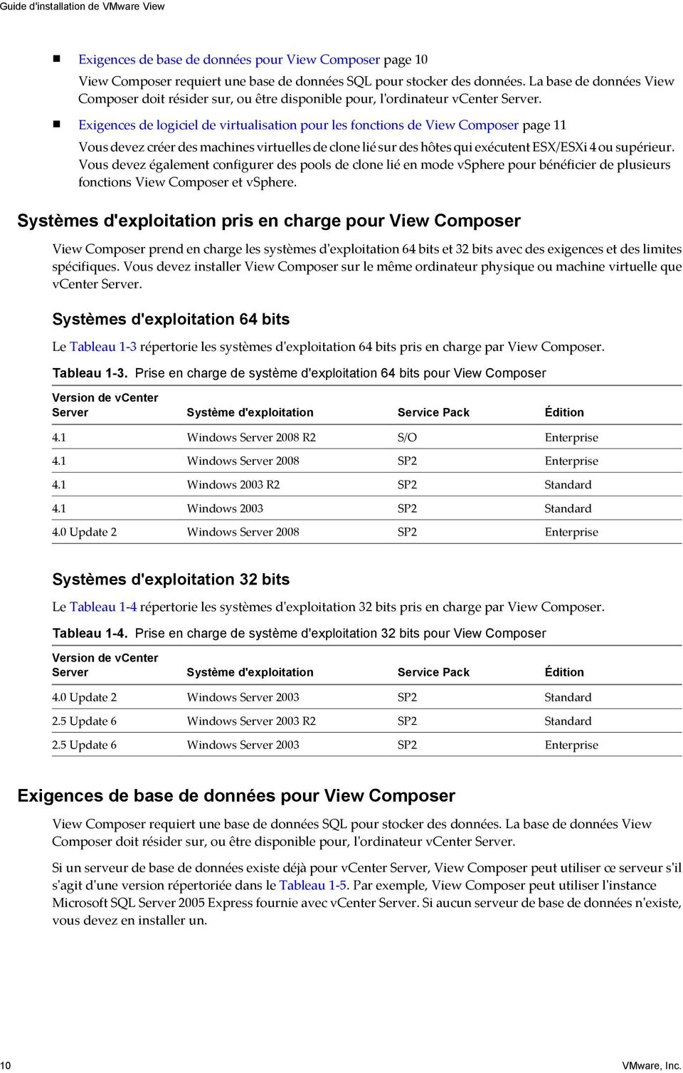 Exigences de logiciel de virtualisation pour les fonctions de View Composer page 11 Vous devez créer des machines virtuelles de clone lié sur des hôtes qui exécutent ESX/ESXi 4 ou supérieur.