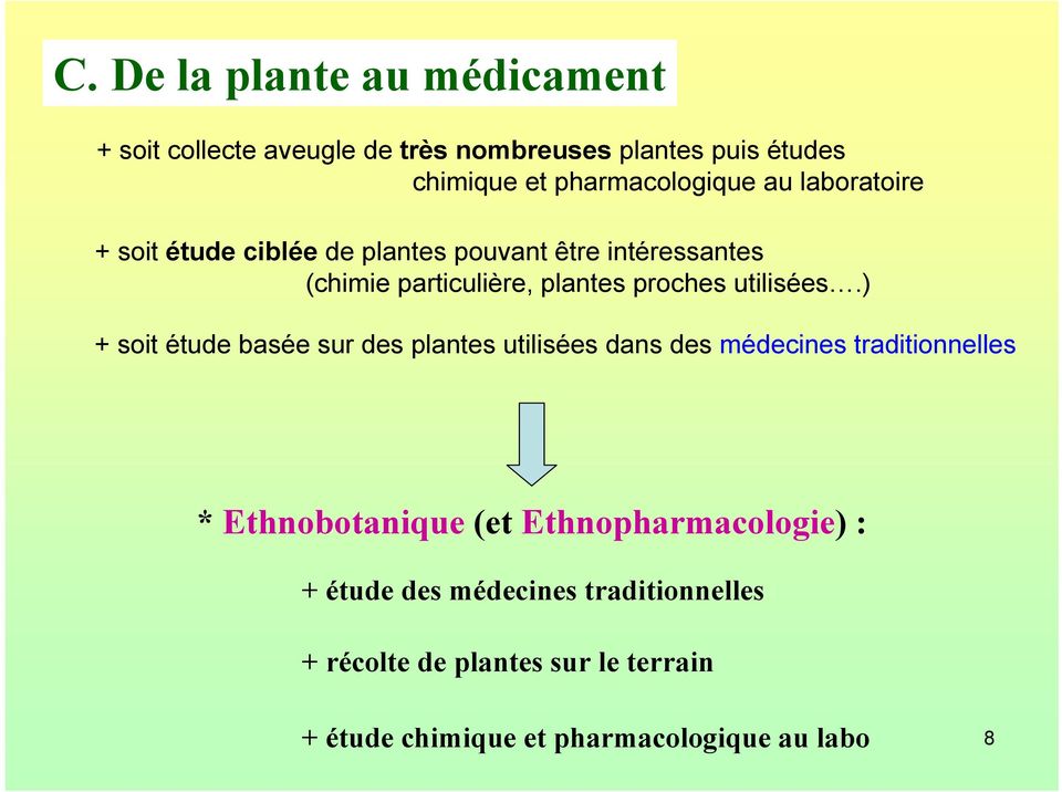 ) + soit étude basée sur des plantes utilisées dans des médecines traditionnelles * Ethnobotanique (et