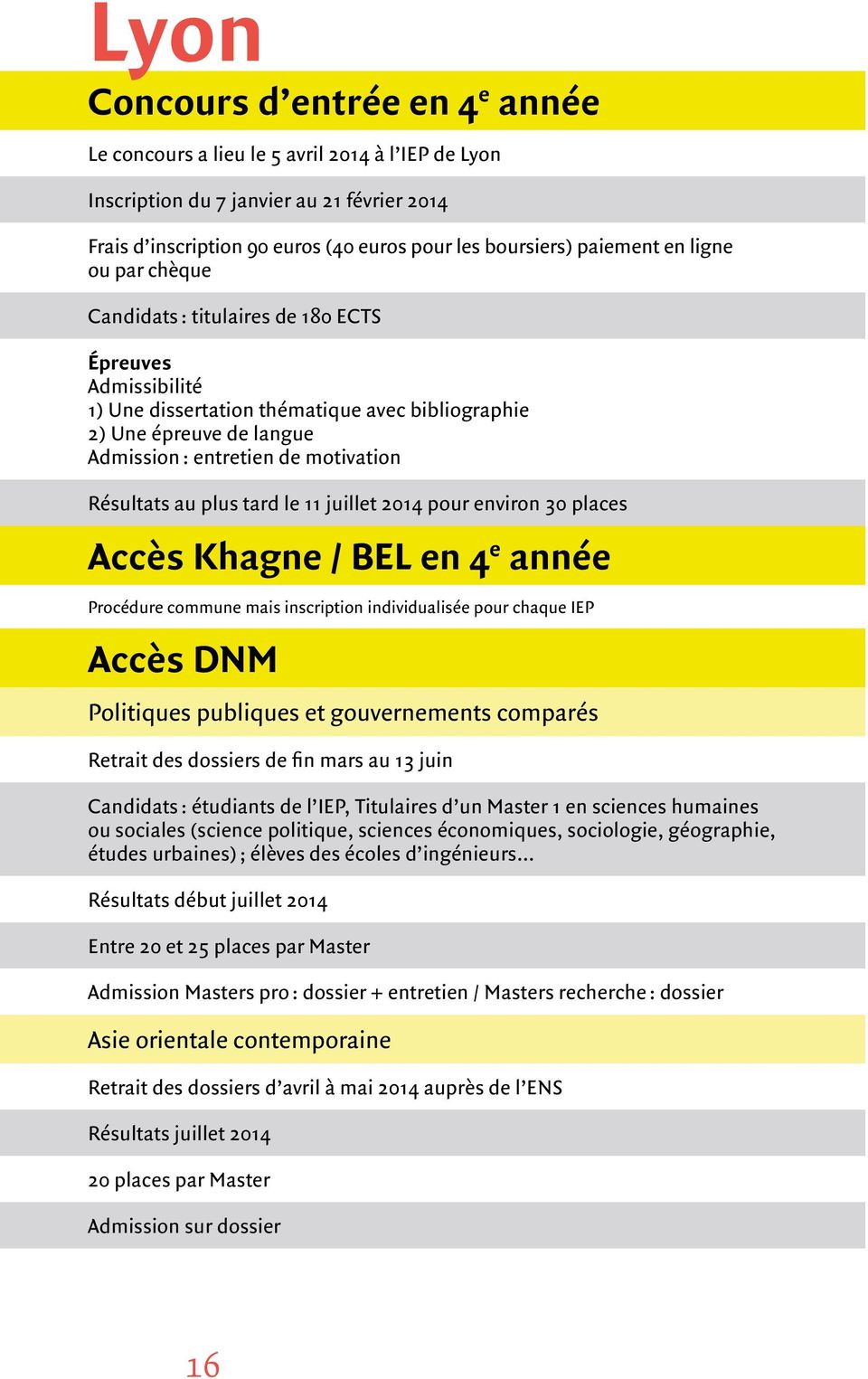 Résultats au plus tard le 11 juillet 2014 pour environ 30 places Accès Khagne / BEL en 4 e année Procédure commune mais inscription individualisée pour chaque IEP Accès DNM Politiques publiques et