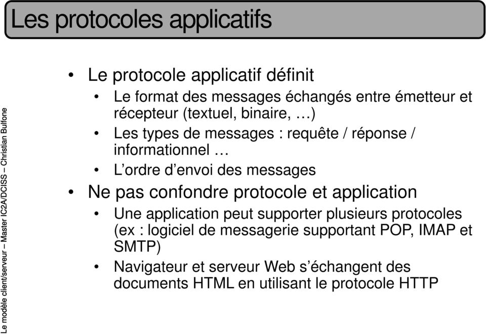 messages Ne pas confondre protocole et application Une application peut supporter plusieurs protocoles (ex :