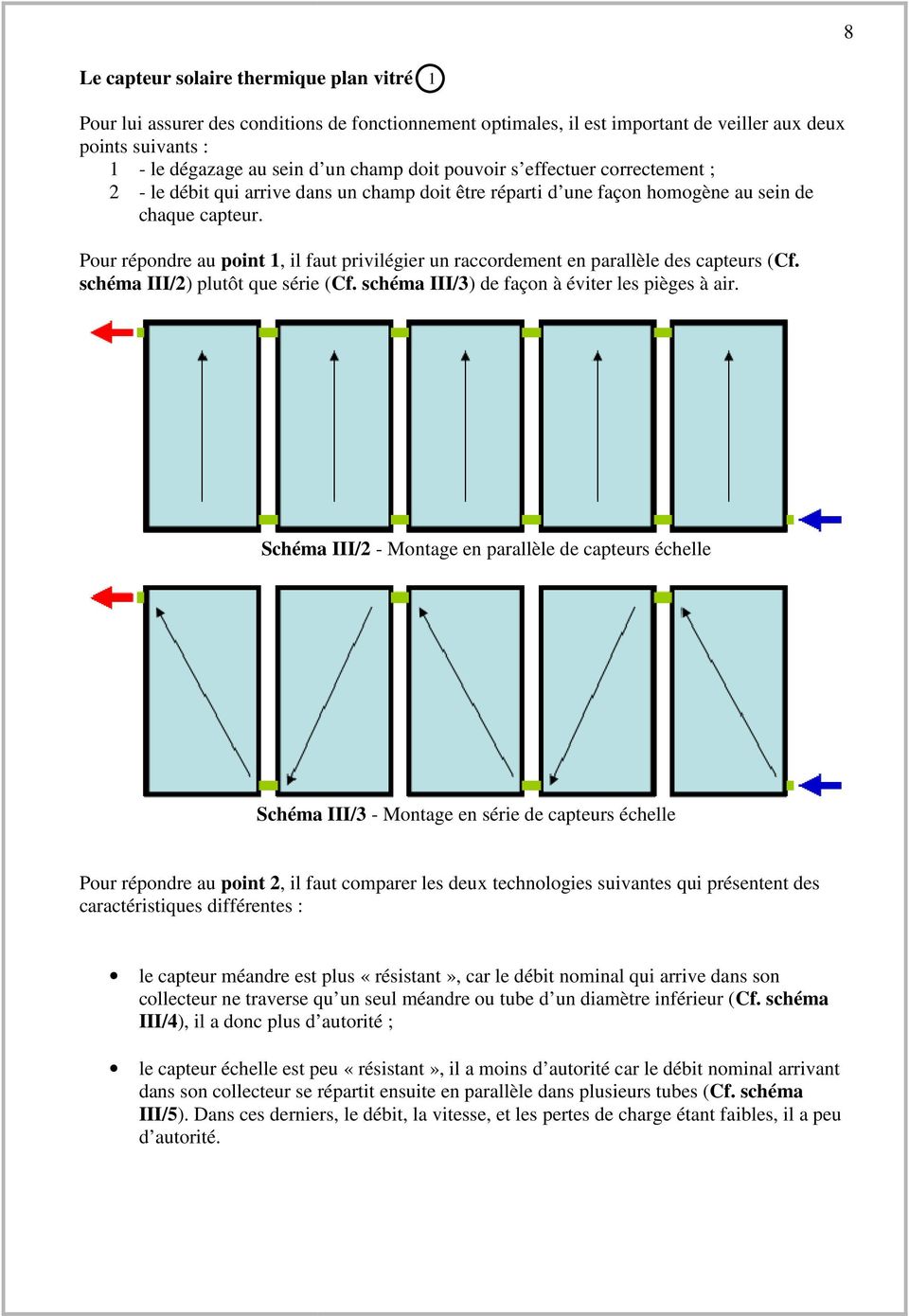 Pour répondre au point 1,, il faut privilégier ilégier un raccordement en parallèle des capteurs (Cf. schéma III/2) ) plutôt que série (Cf. schéma III/3) ) de façon à éviter les pièges à air.