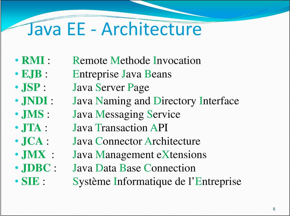 Directory Interface Java Messaging Service Java Transaction API Java Connector