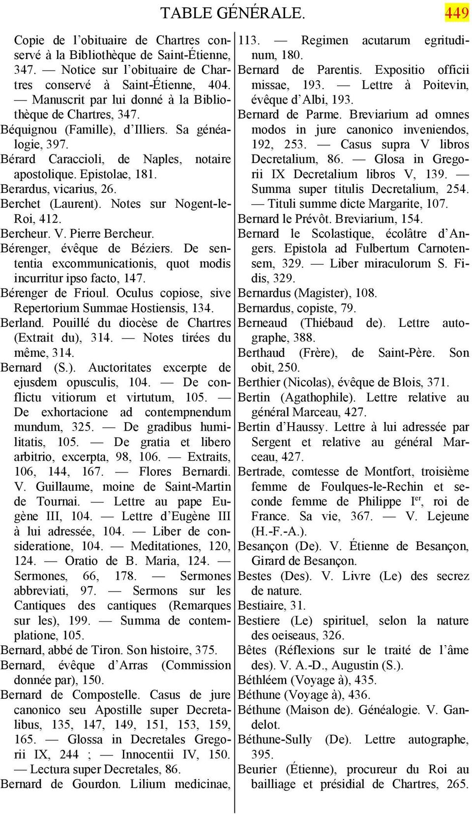 Berardus, vicarius, 26. Berchet (Laurent). Notes sur Nogent-le- Roi, 412. Bercheur. V. Pierre Bercheur. Bérenger, évêque de Béziers.