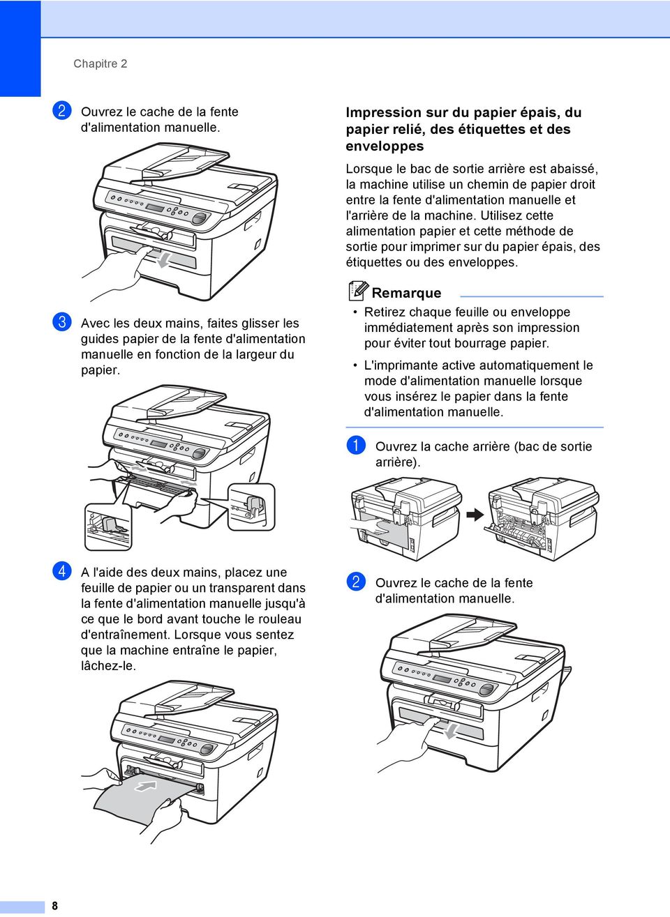 d'alimentation manuelle et l'arrière de la machine. Utilisez cette alimentation papier et cette méthode de sortie pour imprimer sur du papier épais, des étiquettes ou des enveloppes.