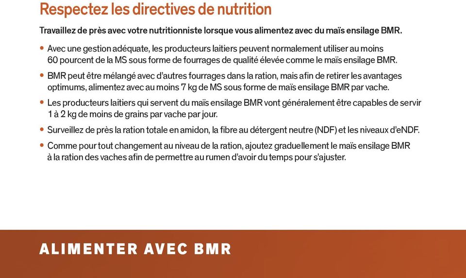 BMR peut être mélangé avec d autres fourrages dans la ration, mais afin de retirer les avantages optimums, alimentez avec au moins 7 kg de MS sous forme de maïs ensilage BMR par vache.