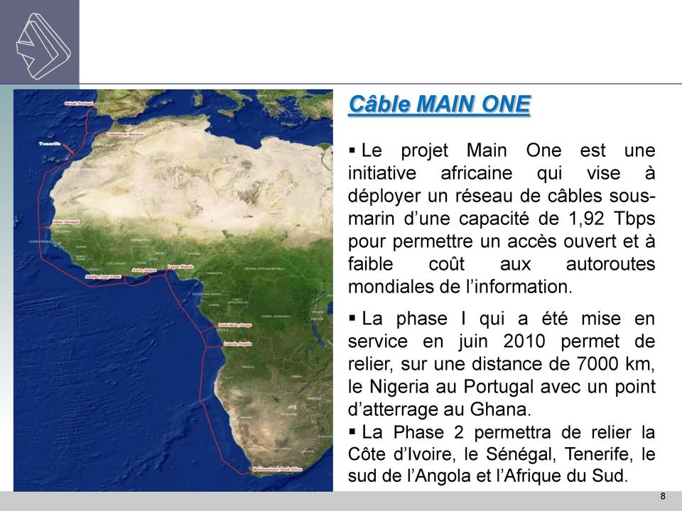 La phase I qui a été mise en service en juin 2010 permet de relier, sur une distance de 7000 km, le Nigeria au Portugal avec