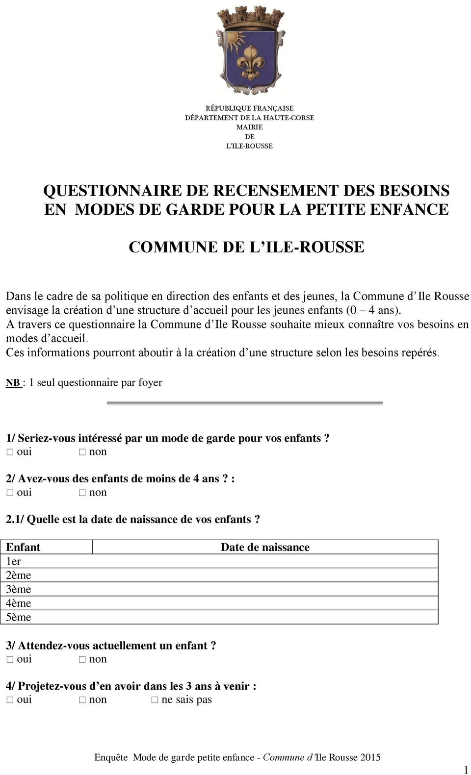 A travers ce questionnaire la Commune d Ile Rousse souhaite mieux connaître vos besoins en modes d accueil. Ces informations pourront aboutir à la création d une structure selon les besoins repérés.