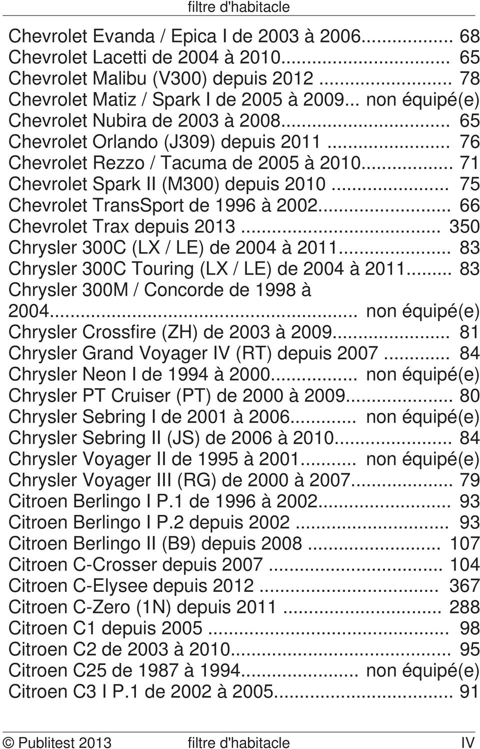 .. 75 Chevrolet TransSport de 1996 à 2002... 66 Chevrolet Trax depuis 2013... 350 Chrysler 300C (LX / LE) de 2004 à 2011... 83 Chrysler 300C Touring (LX / LE) de 2004 à 2011.