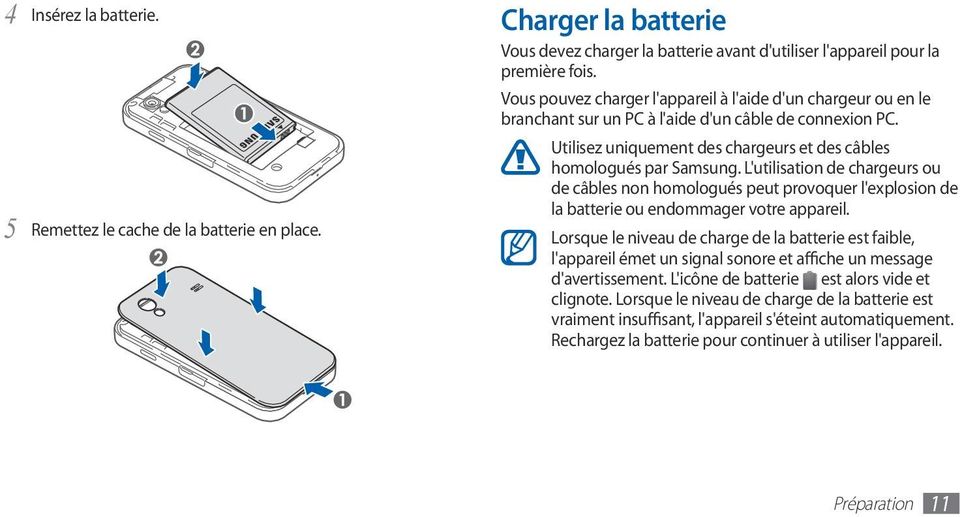 L'utilisation de chargeurs ou de câbles non homologués peut provoquer l'explosion de la batterie ou endommager votre appareil.