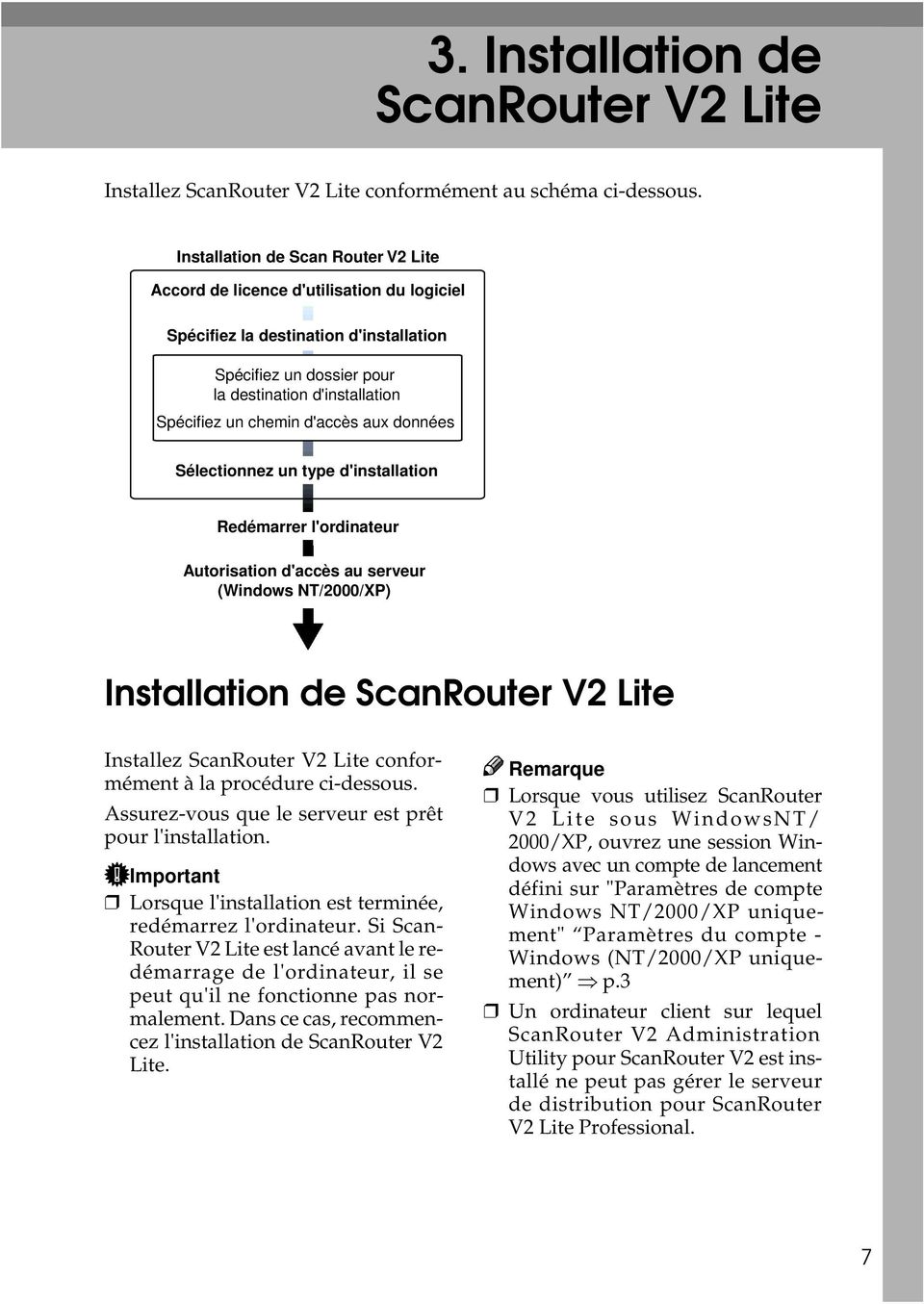 d'accès aux données Sélectionnez un type d'installation Redémarrer l'ordinateur Autorisation d'accès au serveur (Windows NT/2000/XP) Installation de ScanRouter V2 Lite Installez ScanRouter V2 Lite