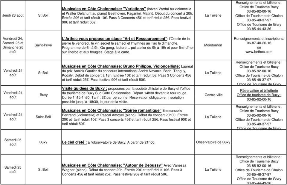 La Tuilerie Office de Tourisme 03-85-44-43-36 Vendredi 24, Samedi 25 et Dimanche 26 Saint-Privé L'Arthec vous propose un stage "Art et Ressourcement": l'oracle de la pierre le vendredi, le vin secret