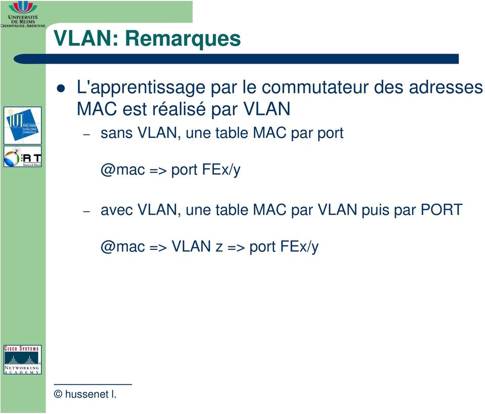 MAC par port @mac => port FEx/y avec VLAN, une table