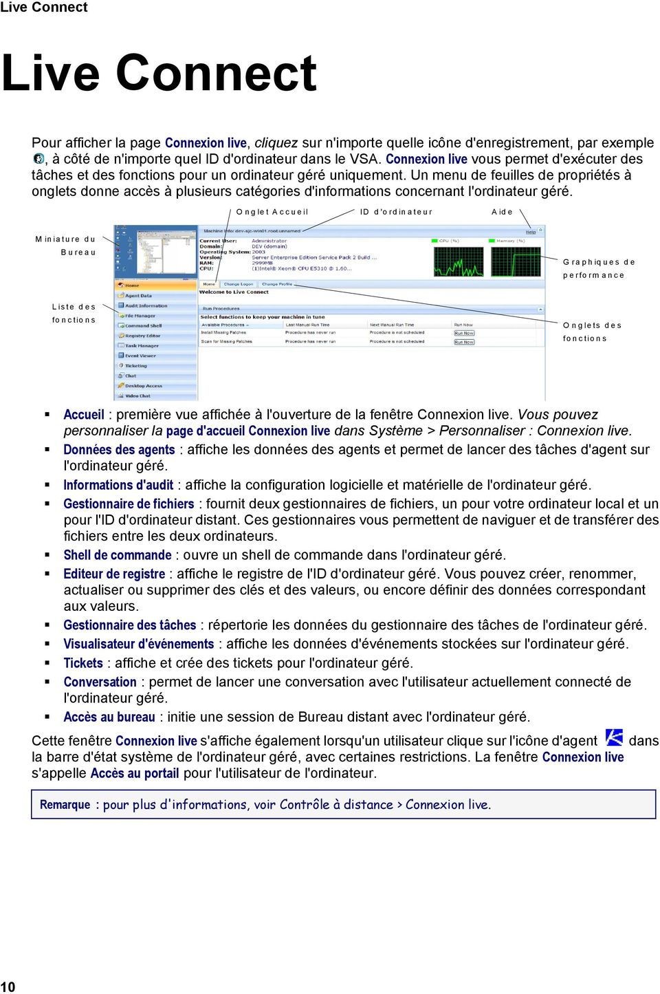 Un menu de feuilles de propriétés à onglets donne accès à plusieurs catégories d'informations concernant l'ordinateur géré.