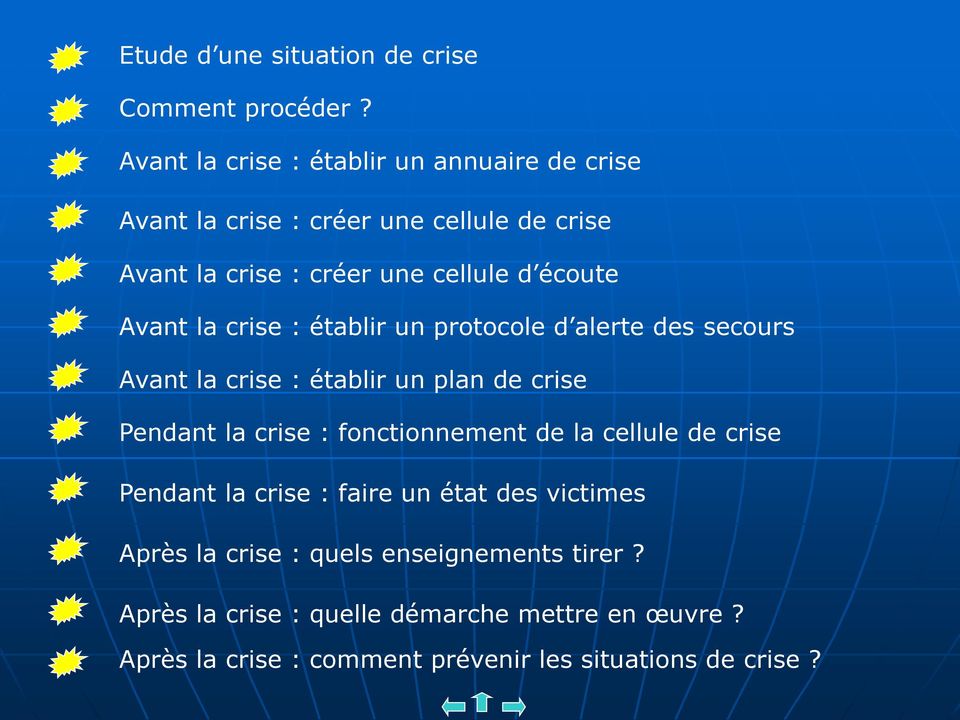Avant la crise : établir un protocole d alerte des secours Avant la crise : établir un plan de crise Pendant la crise : fonctionnement
