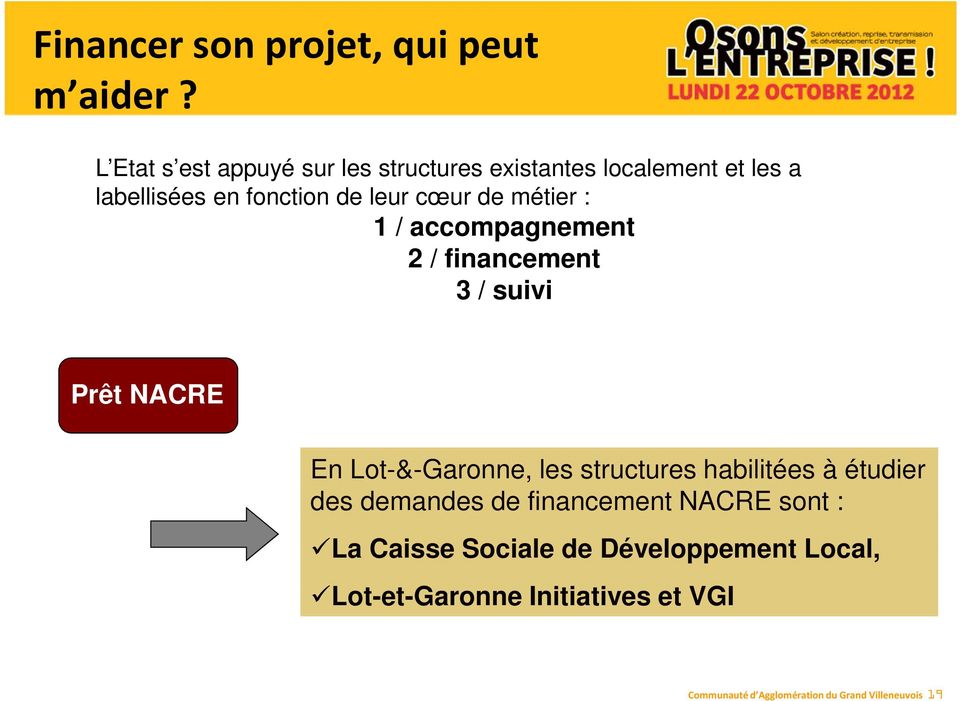 de métier : 1 / accompagnement 2 / financement 3 / suivi Prêt NACRE En Lot-&-Garonne, les structures