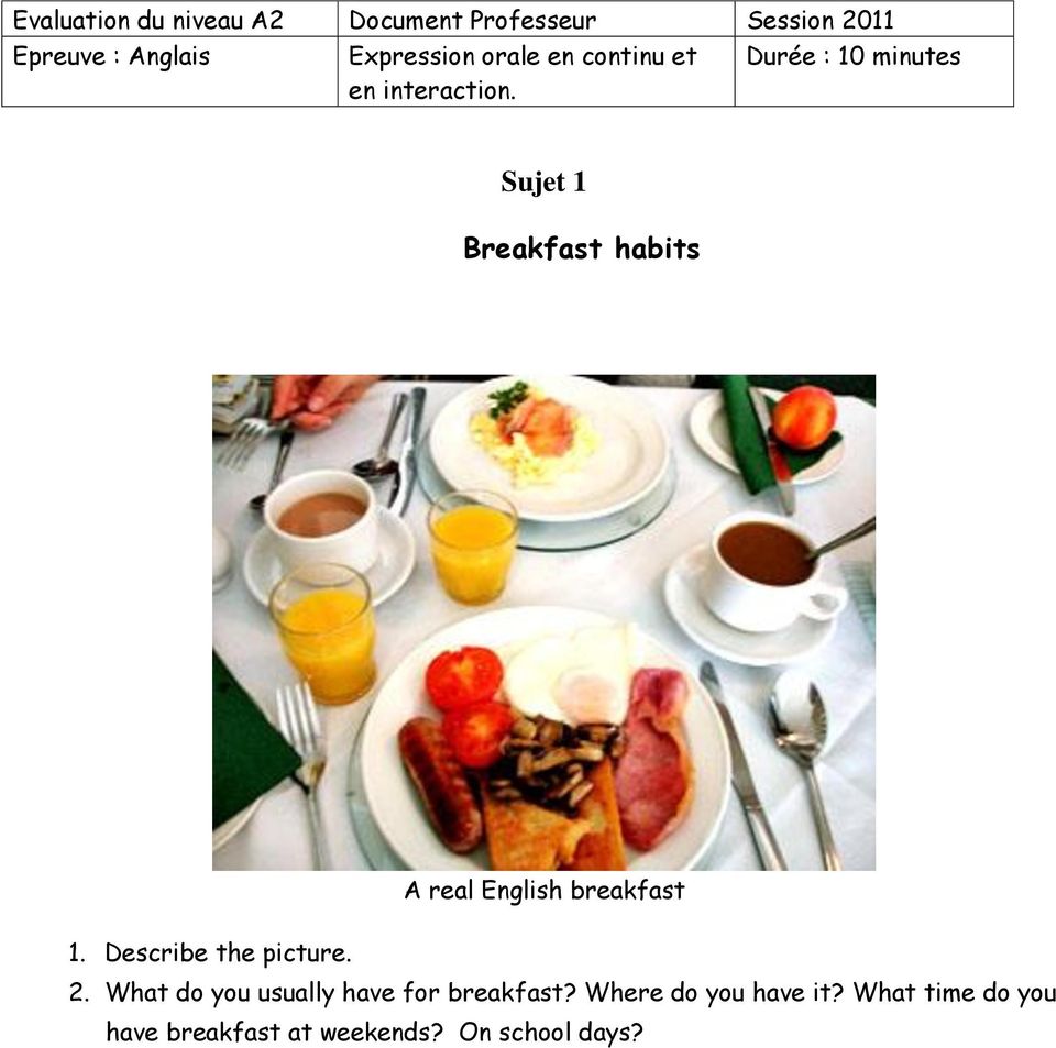 Durée : 10 minutes Sujet 1 Breakfast habits A real English breakfast 1.