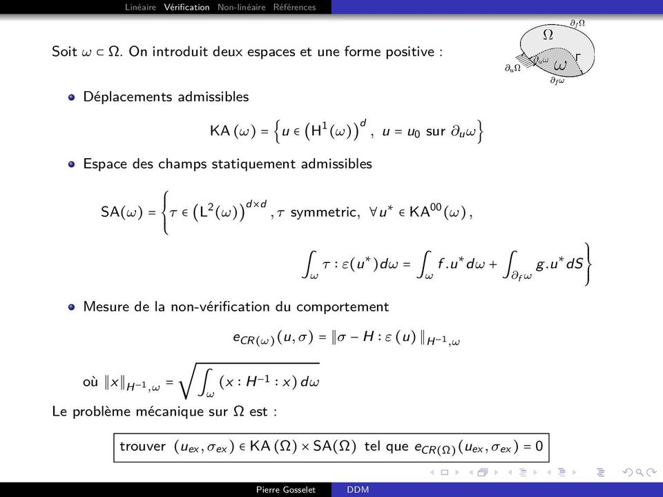 Espace des champs statiquement admissibles SA(ω) = τ (L 2 (ω)) d d, τ symmetric, u KA 00 (ω), τ ε(u )dω = f.