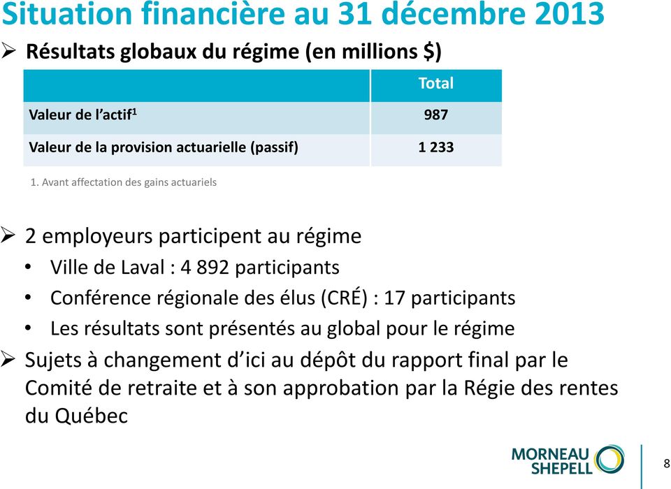 Avant affectation des gains actuariels 2 employeurs participent au régime Ville de Laval : 4 892 participants Conférence