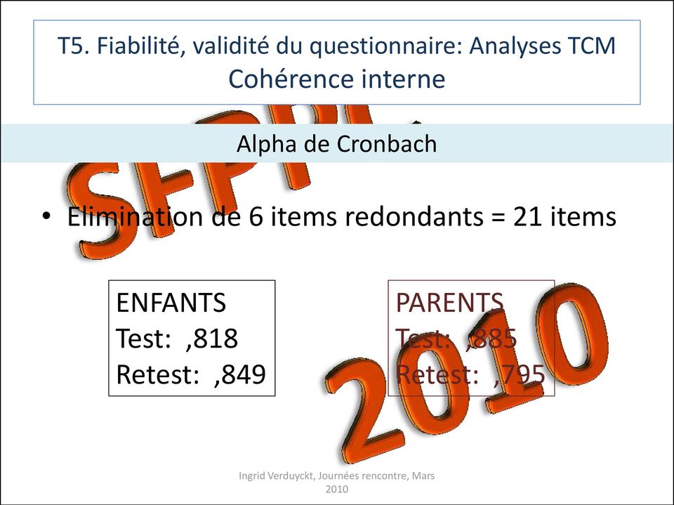 redondants = 21 items ENFANTS Test:,818 Retest:,849 PARENTS