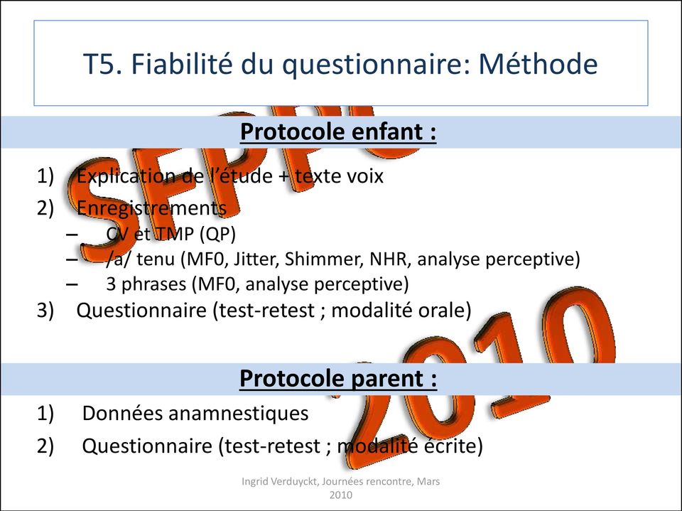 analyse perceptive) 3) Questionnaire (test-retest ; modalité orale) 1) Données anamnestiques Protocole