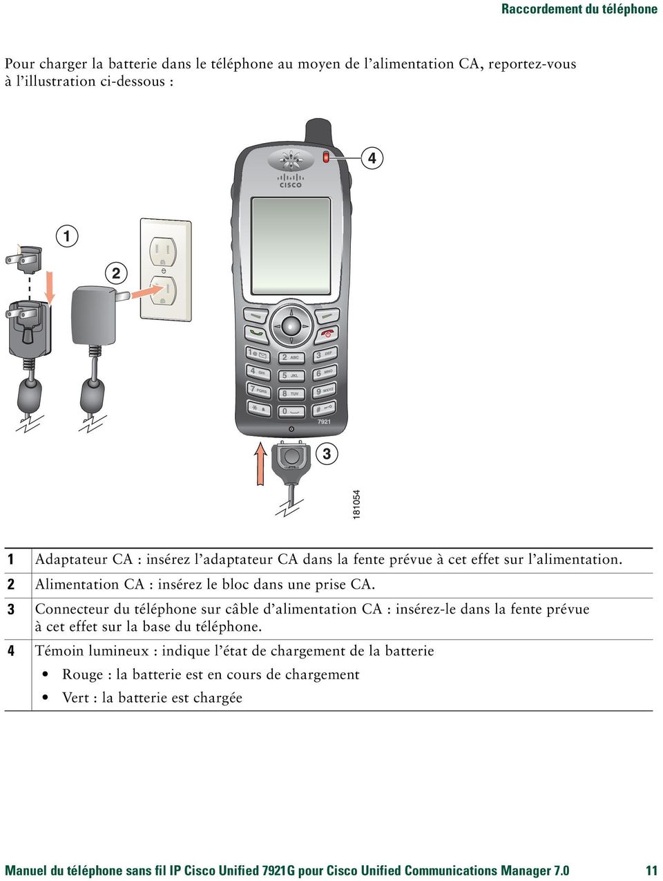 3 Connecteur du téléphone sur câble d alimentation CA : insérez-le dans la fente prévue à cet effet sur la base du téléphone.