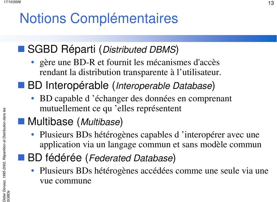 BD Interopérable (Interoperable Database) BD capable d échanger des données en comprenant mutuellement ce qu elles représentent