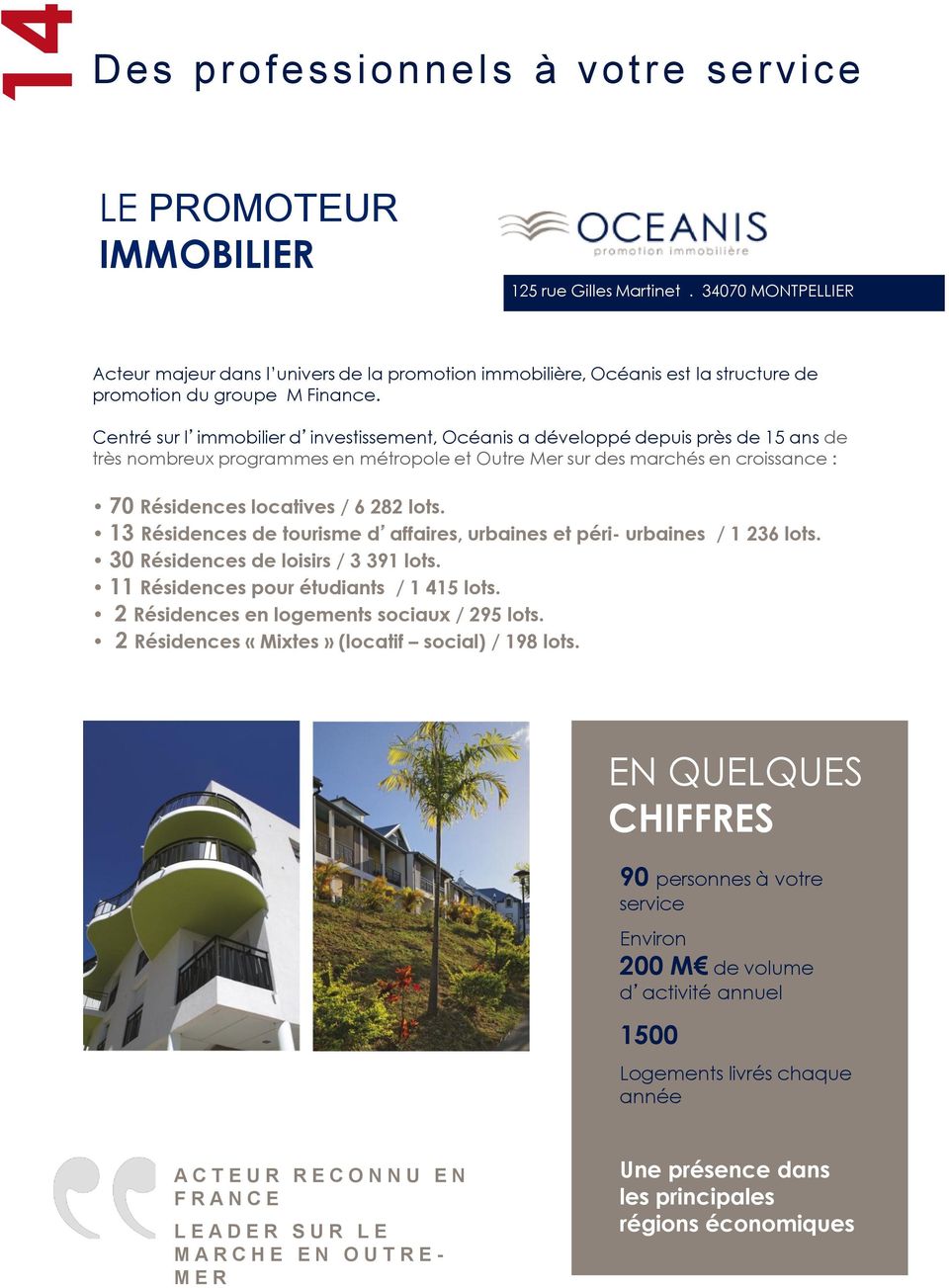 Centré sur l immobilier d investissement, Océanis a développé depuis près de 15 ans de très nombreux programmes en métropole et Outre Mer sur des marchés en croissance : 70 Résidences locatives / 6