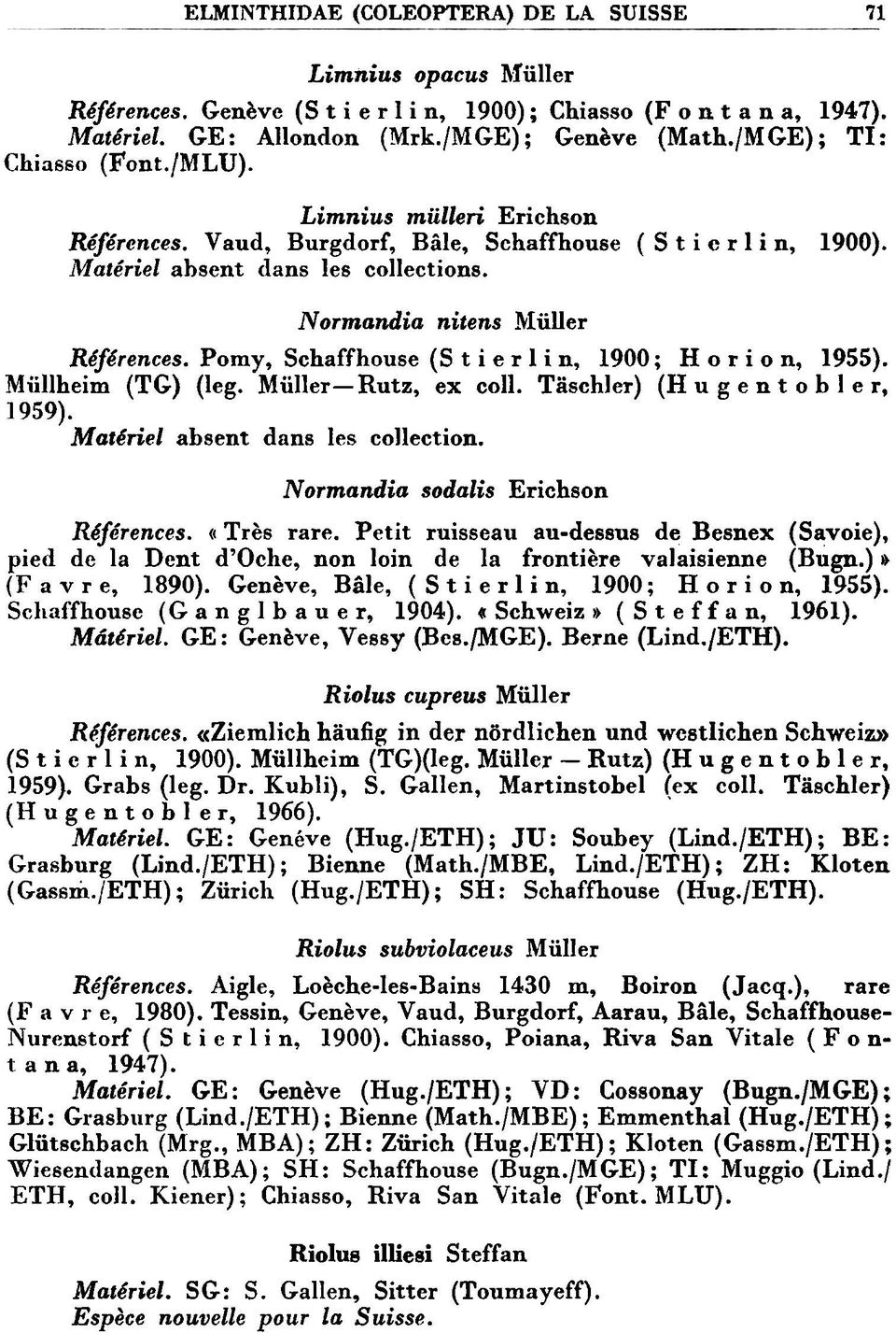 Normandia nitens Muller Rkfdrences. Pomy, Schaffhouse (S t i e r 1 i n, 1900; H o r i o n, 1955). Miillheim (TG) (leg. Miiller-Rutz, ex coll. Taschler) (H u g e n t o b 1 e r, 1959).