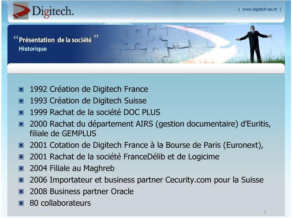 France à la Bourse de Paris (Euronext), 2001 Rachat de la société FranceDélib et de Logicime 2004 Filiale au