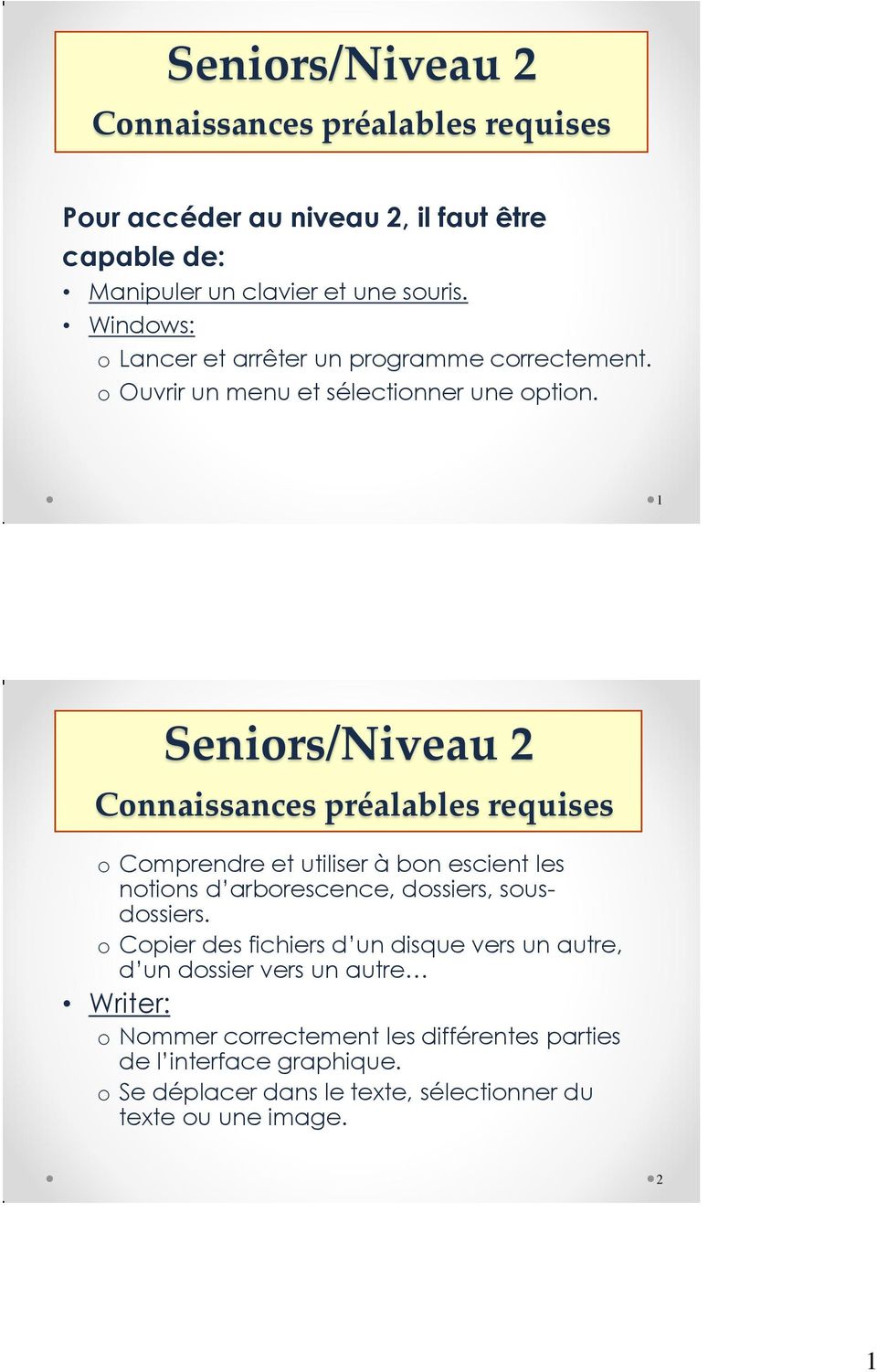 1 Seniors/Niveau 2 Connaissances préalables requises o Comprendre et utiliser à bon escient les notions d arborescence, dossiers, sousdossiers.