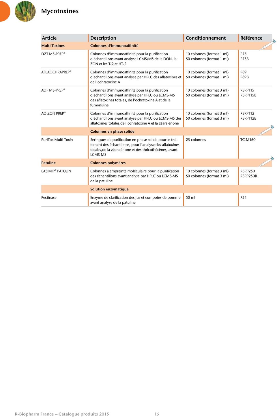(format 1 ml) 50 colonnes (format 1 ml) P89 P89B AOF MS-PREP Colonnes d'immunoaffinité pour la purification d'échantillons avant analyse par HPLC ou LCMS-MS des aflatoxines totales, de l'ochratoxine