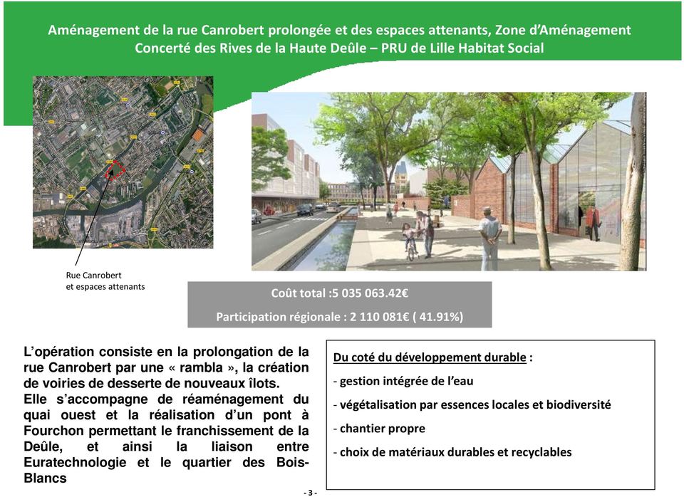 91%) L opération consiste en la prolongation de la rue Canrobert par une «rambla», la création de voiries de desserte de nouveaux îlots.