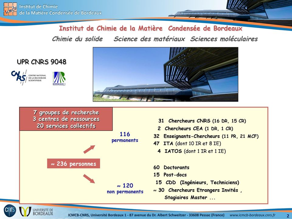 CNRS (16 DR, 15 CR) 2 Chercheurs CEA (1 DR, 1 CR) 32 Enseignants-Chercheurs (11 PR, 21 MCF) 47 ITA (dont 10 IR et 8 IE) 4 IATOS