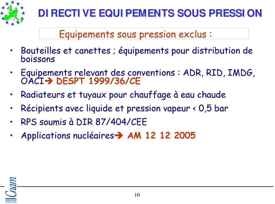 DESPT 1999/36/CE Radiateurs et tuyaux pour chauffage à eau chaude Récipients avec