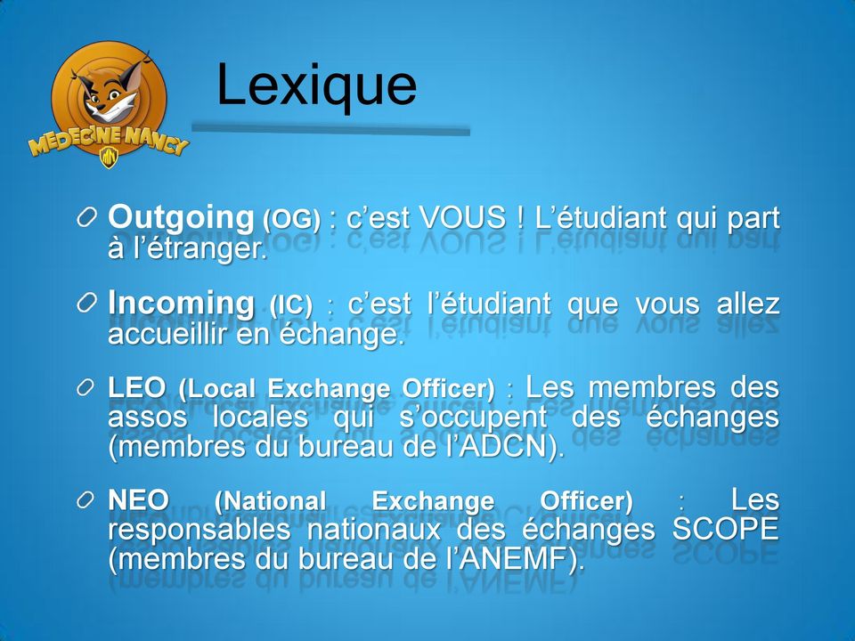 LEO (Local Exchange Officer) : Les membres des assos locales qui s occupent des échanges