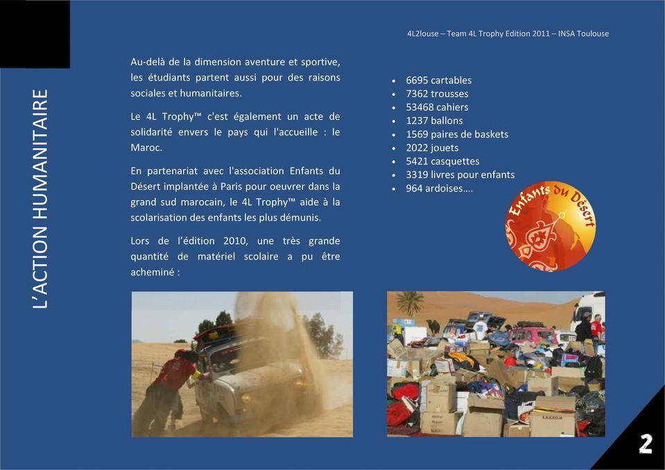En partenariat avec l'association Enfants du Désert implantée à Paris pour oeuvrer dans la grand sud marocain, le 4L Trophy aide à la scolarisation des enfants