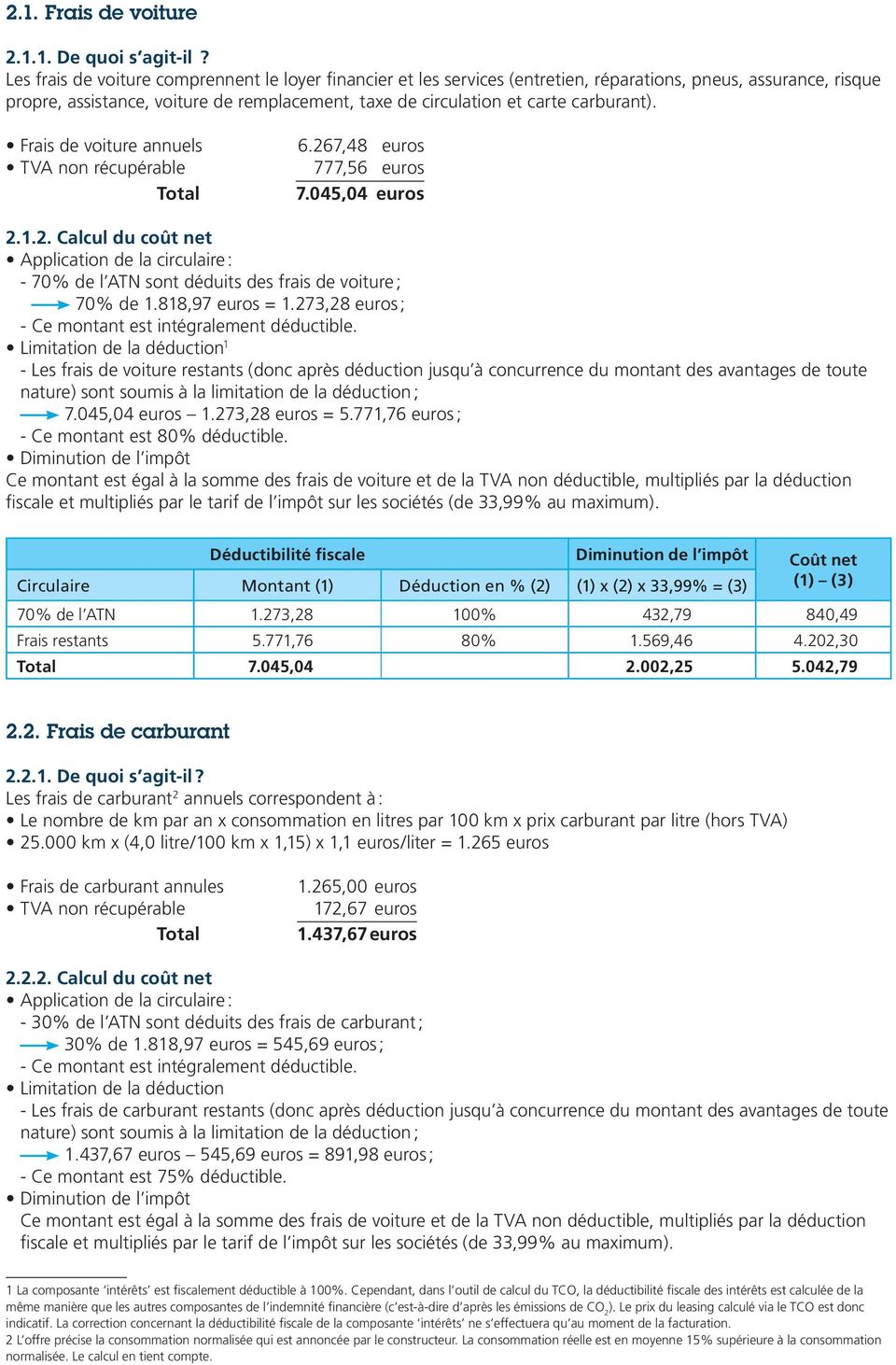 carburant). Frais de voiture annuels TVA non récupérable Total 6.267,48 euros 777,56 euros 7.045,04 euros 2.1.2. Calcul du coût net Application de la circulaire : - 70% de l ATN sont déduits des frais de voiture ; 70% de 1.