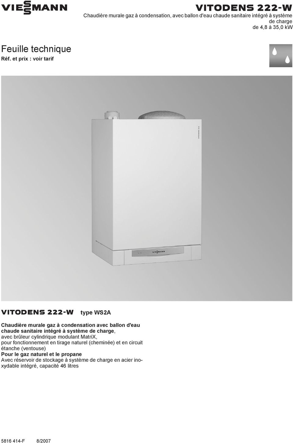 VIESMANN VITODENS 222-W Chaudière murale gaz à condensation, avec ballon  d'eau chaude sanitaire intégré à système de charge de 4,8 à 35,0 kw - PDF  Téléchargement Gratuit