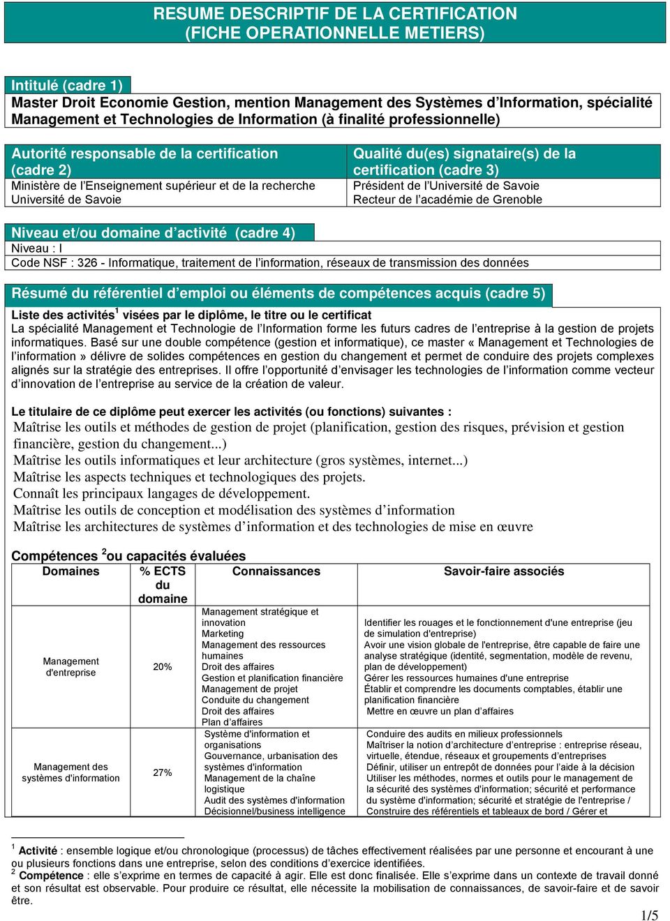 du(es) signataire(s) de la certification (cadre 3) Président de l Université de Savoie Recteur de l académie de Grenoble Niveau et/ou domaine d activité (cadre 4) Niveau : I Code NSF : 326 -